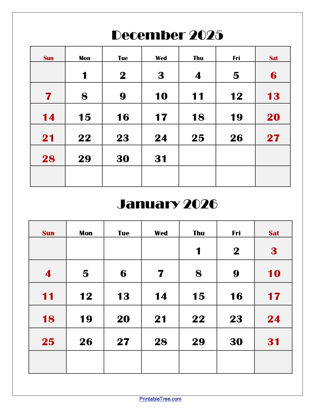 December And January 2026 Calendar Printable Pdf | Two Months Calendar throughout December 2025 And January 2025 Printable Calendar