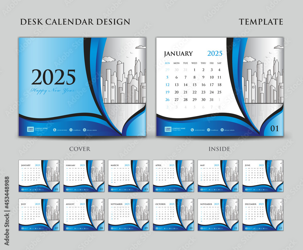 Desk Calendar 2025 Template Set, Cover Design, Blue Background with regard to Desk Calendar 2025 Printable