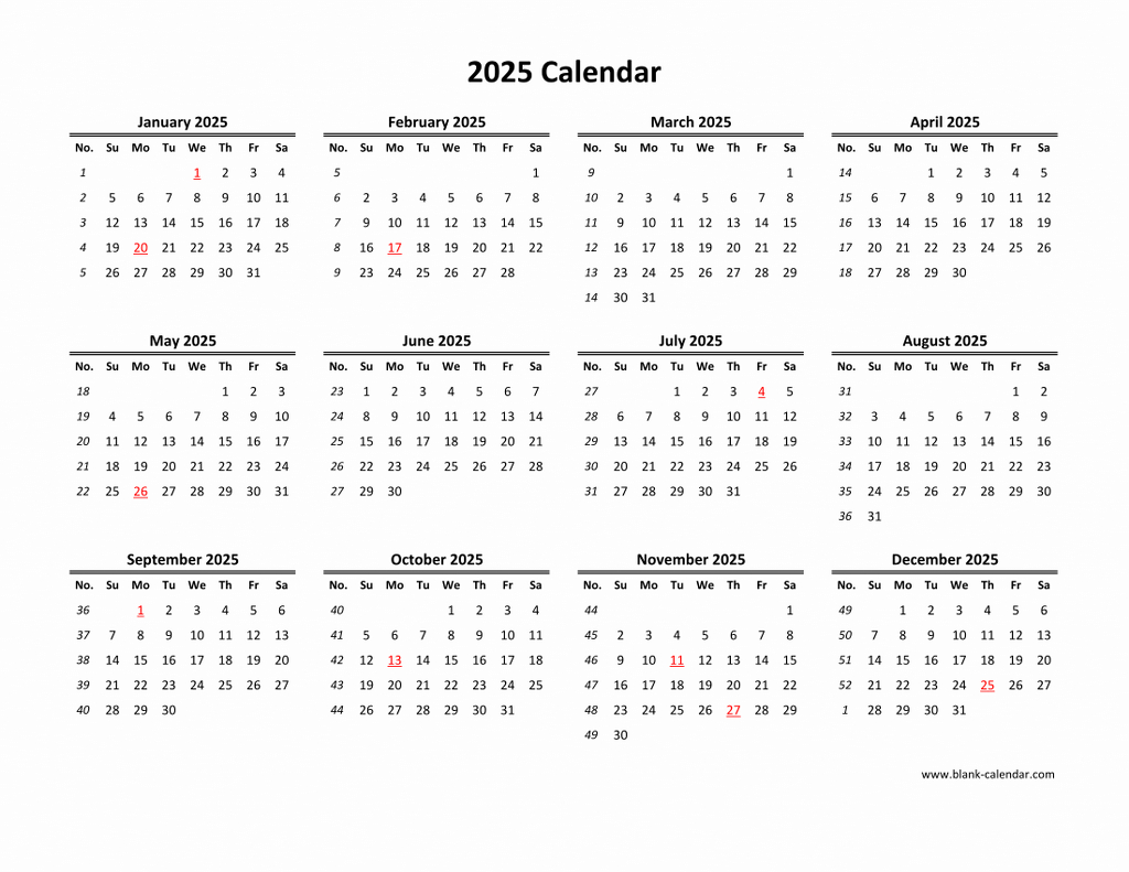 Download Blank Calendar 2025 (12 Months On One Page, Horizontal) for Printable Calendar 2025 All Months On One Page