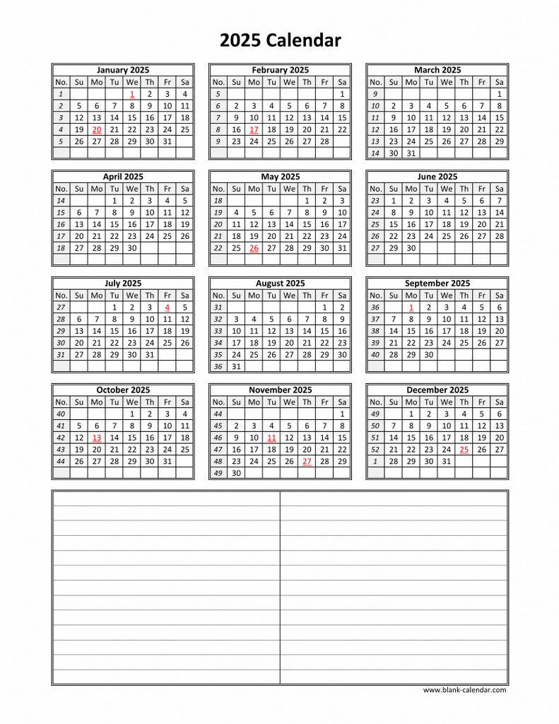 Download Blank Calendar 2025 With Space For Notes (12 Months On inside 2025 12 Month Calendar On One Page Printable