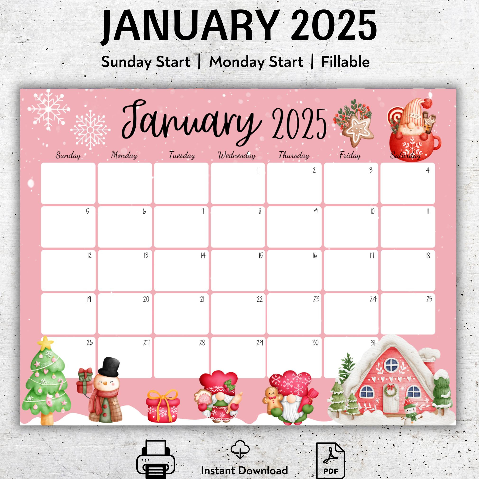 Editable January 2025 Calendar, Cute Gnoms, Beautiful Winter for Great Clips Coupon January 2025 Printable