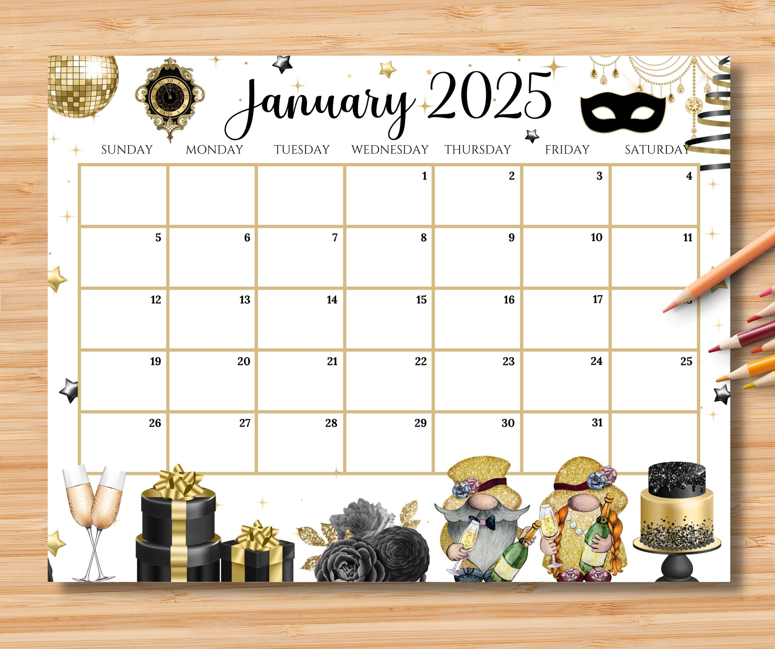 Editable January 2025 Calendar, Happy New Year With Cute Gnomes throughout Great Clips Coupon January 2025 Printable