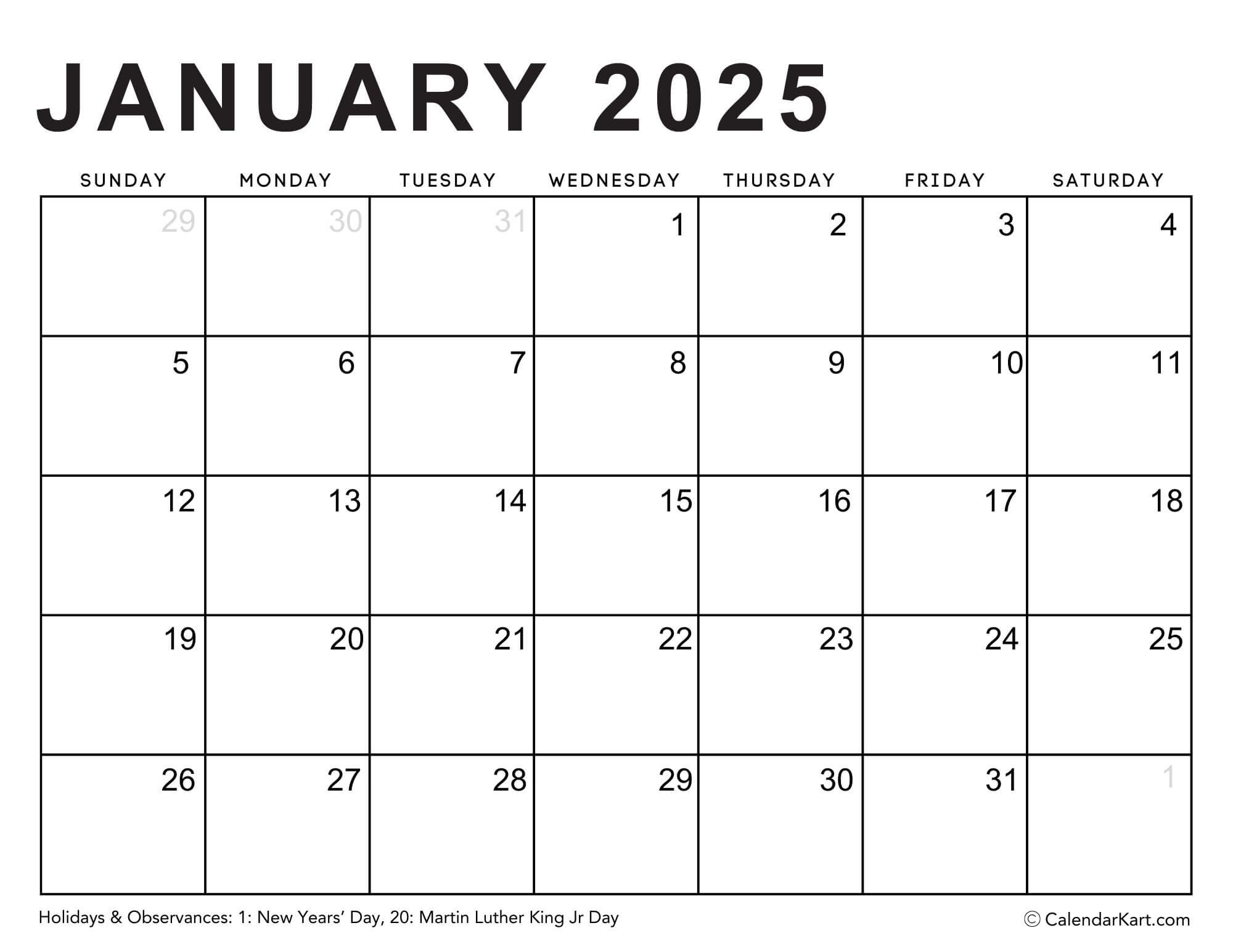 Editable Printable Calendars 2025 - Typeable Pdf - Calendarkart regarding January 2025 Calendar Printable Edit