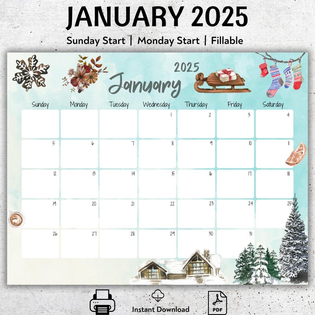 Editierbarer Kalender Januar 2025, Schöner Winter, Druckbarer Januarplaner, Befüllbarer Kalender, Verschneites Haus Und Bäume, Monatlicher for January Weekly Calendar 2025 Printable