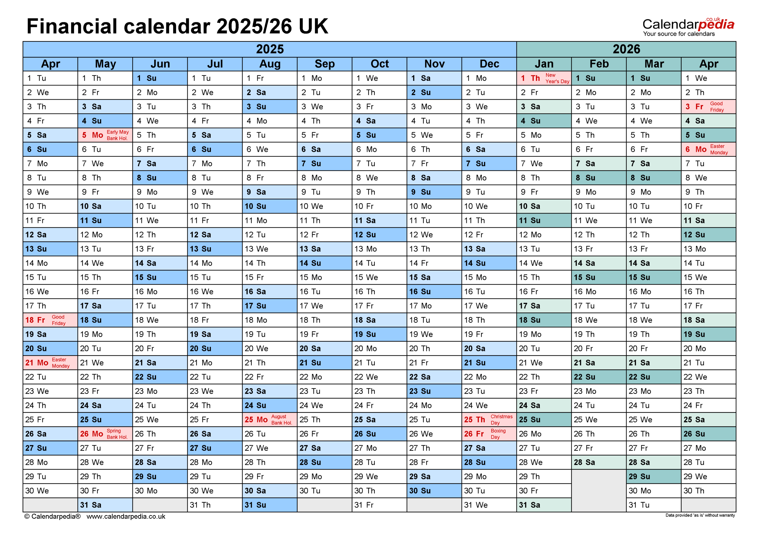 Financial Calendars 2025/26 Uk In Pdf Format for Fiscal Calendar 2025 Printable