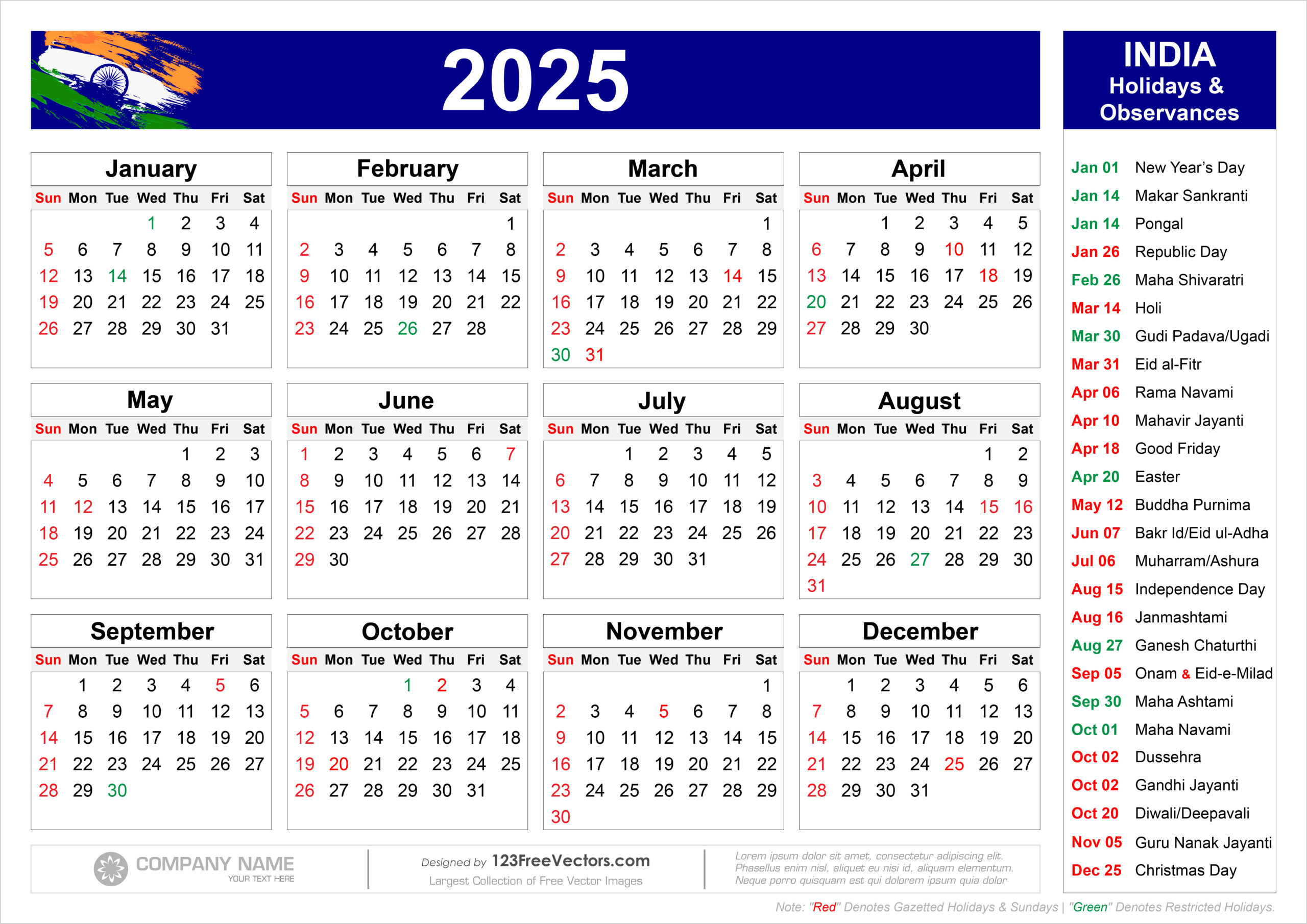 Free Calendar 2025 India with Indian Calendar 2025 With Holidays Printable