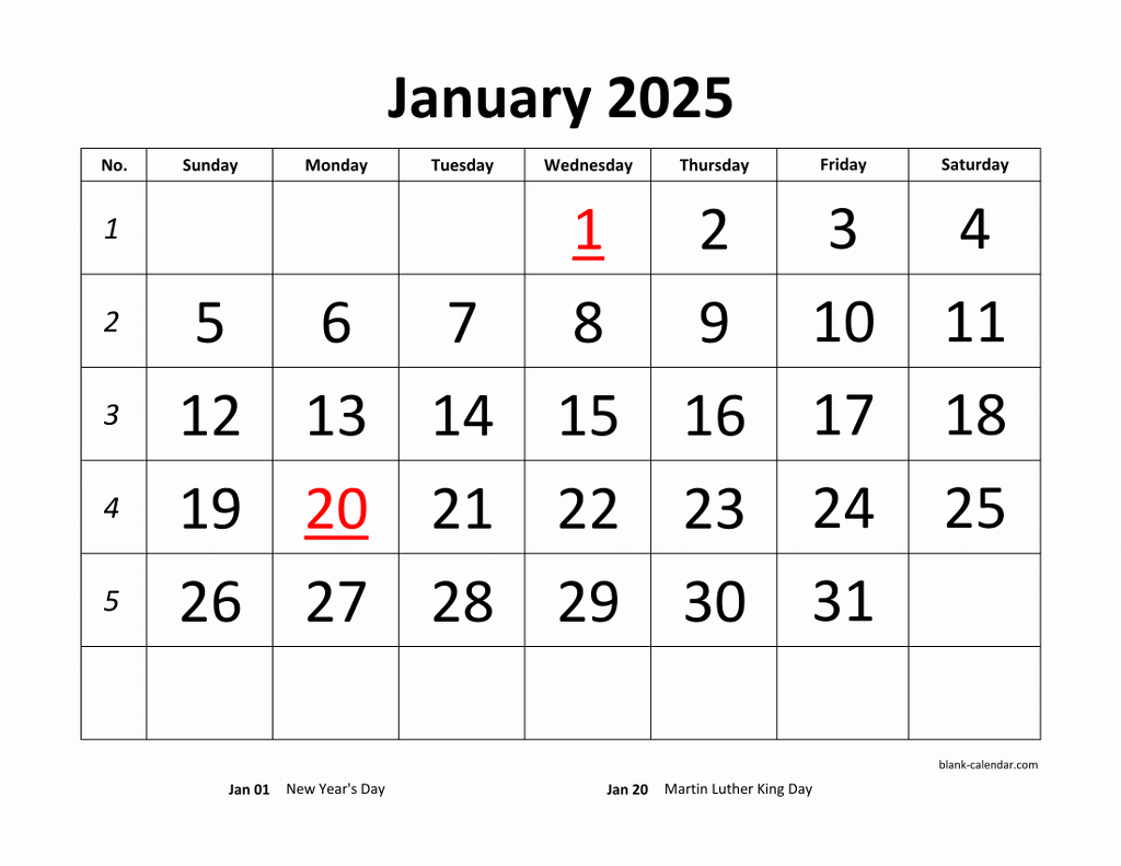 Free Download Printable Calendar 2025, Large Font Design for Printable 2025 Monthly Calendar