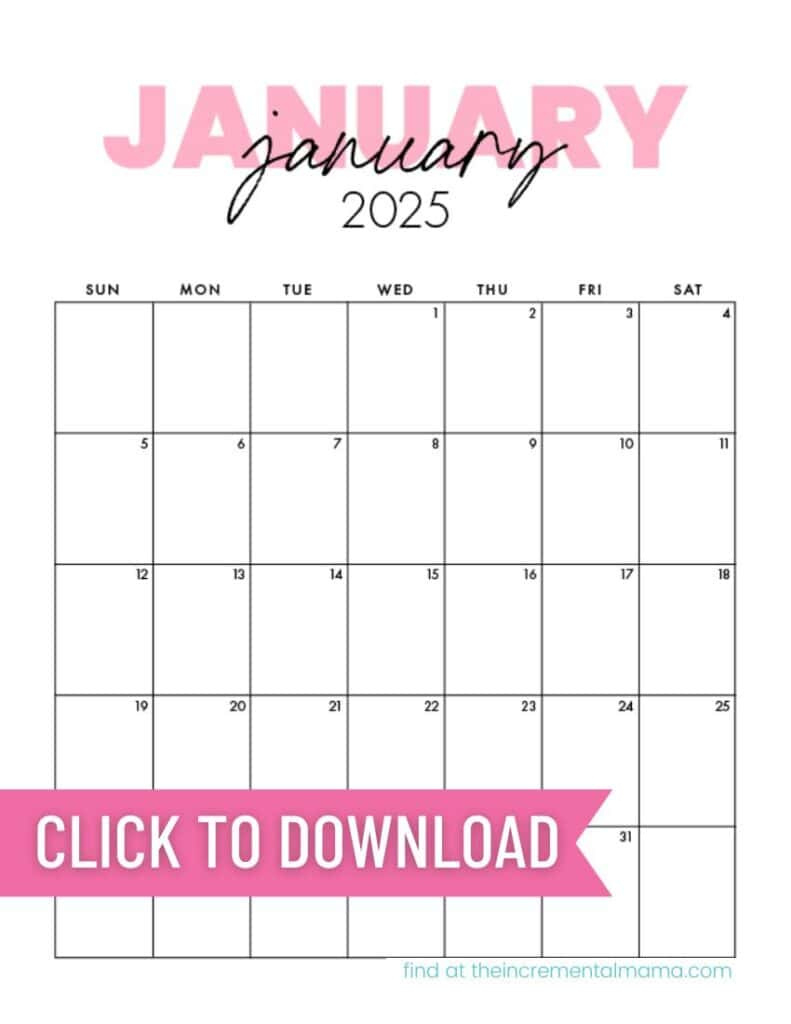 Free Printable 2025 Pink Calendar Templates - The Incremental Mama pertaining to January 2025 Calendar Printable Pink