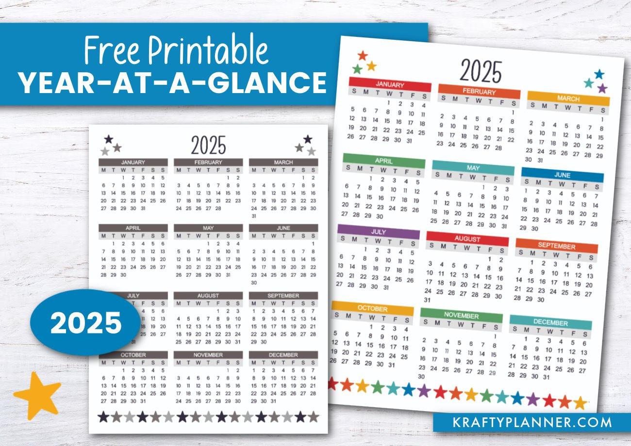 Free Printable 2025 Year-At-A-Glance — Krafty Planner throughout Free Printable Year At A Glance Calendar 2025