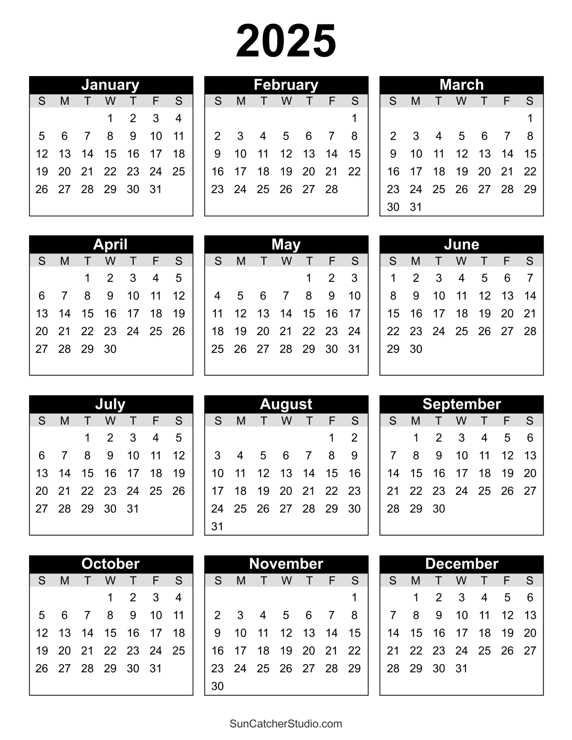 Free Printable 2025 Yearly Calendar – Diy Projects, Patterns in Free Printable 12 Month Calendar 2025