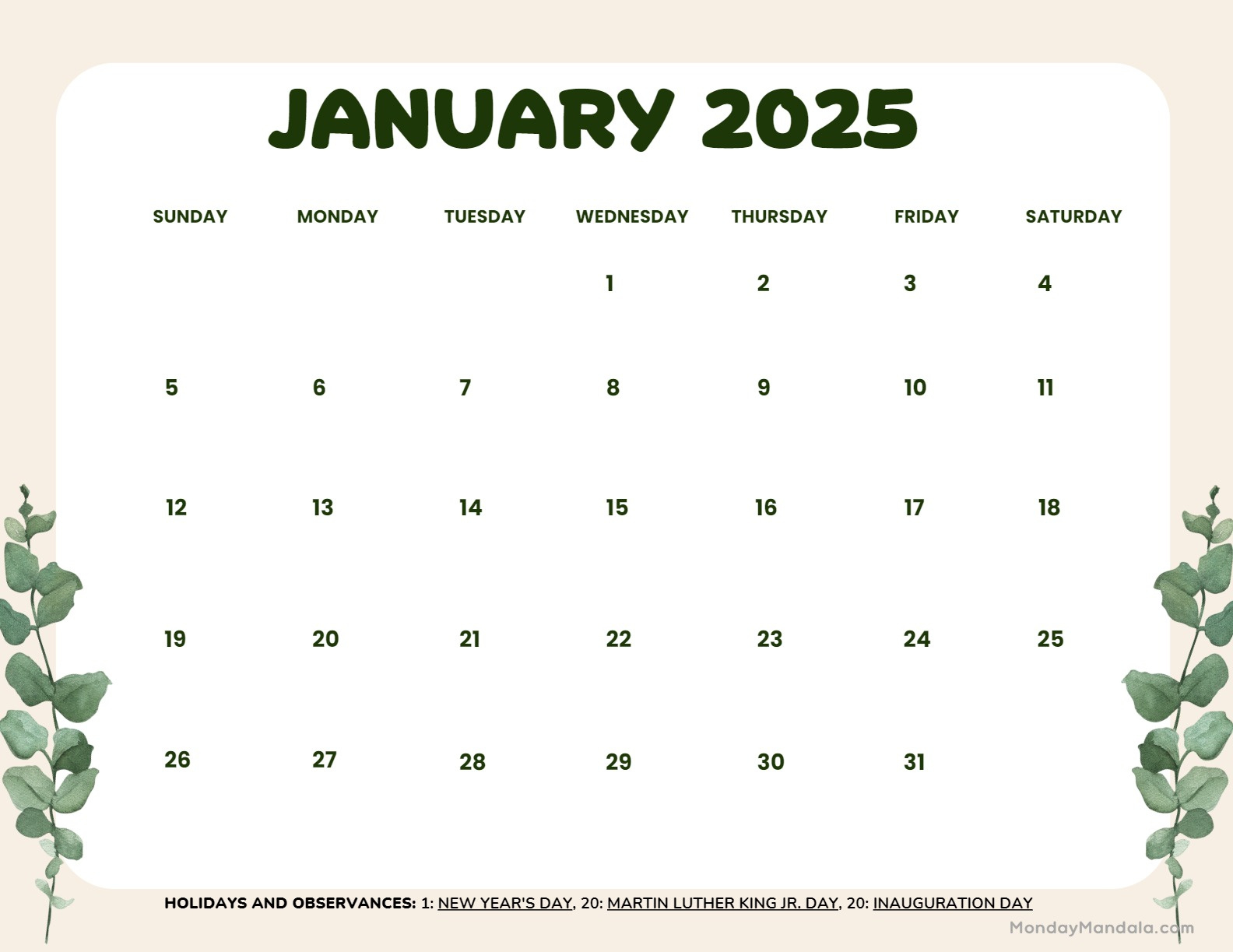 January 2025 Calendar (52 Free Pdf Printables) for Wiki Printable January 2025 Calendar