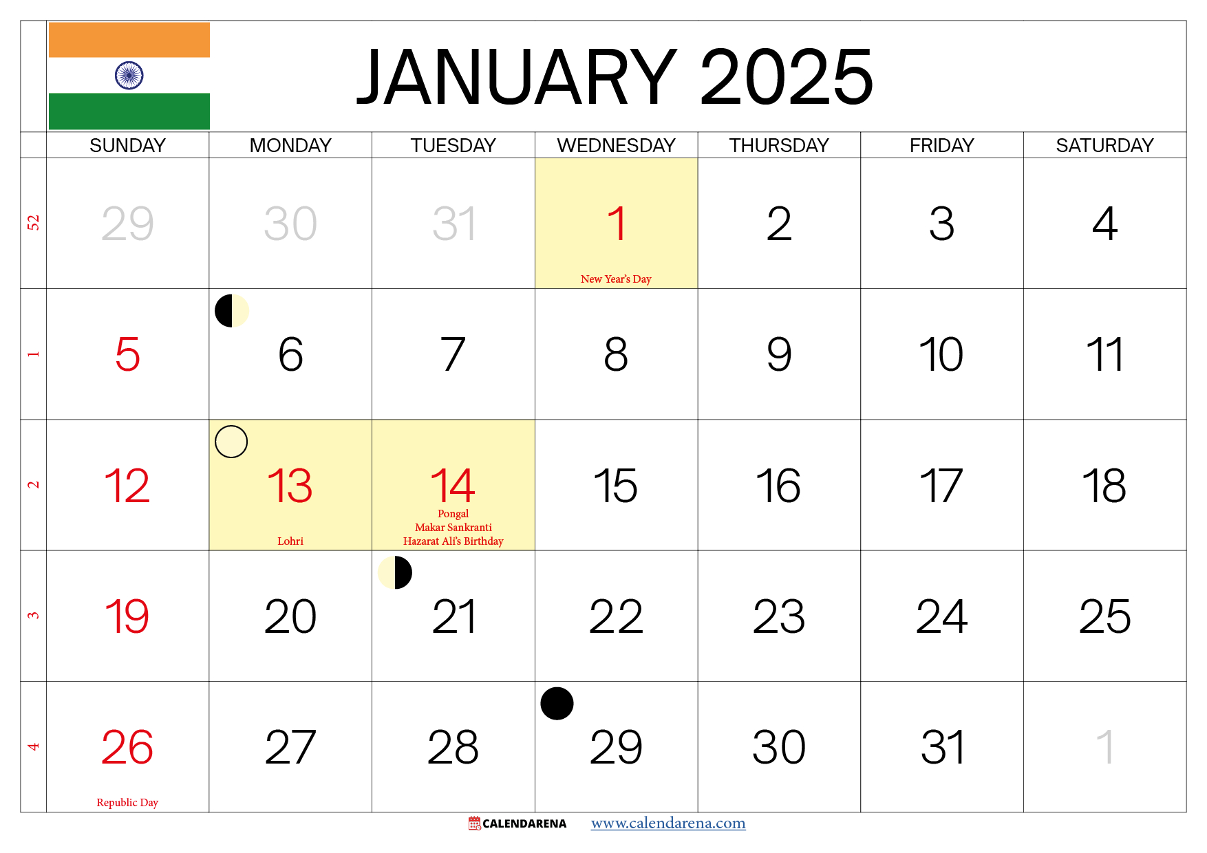 January 2025 Calendar India in January 2025 Calendar With Indian Holidays Printable