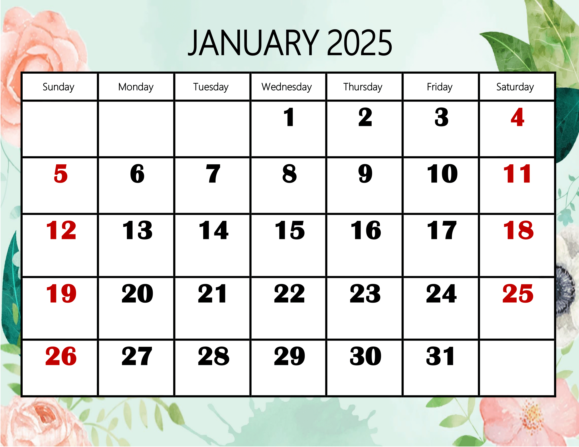 January 2025 Calendar Printable Pdf Template With Holidays for January 2025 Calendar With Holidays Printable