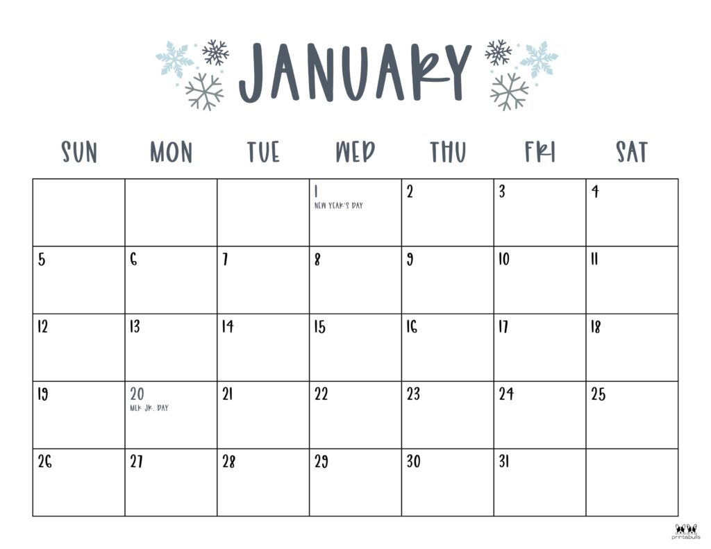 January 2025 Calendars - 107 Free Printables | Printabulls for 2025 Monthly Calendar With Holidays Printable Free