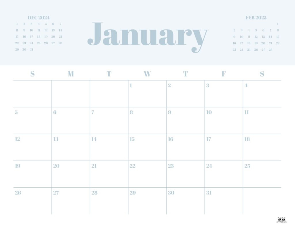 January 2025 Calendars - 107 Free Printables | Printabulls in January 2025 Calendar Weekly Printable