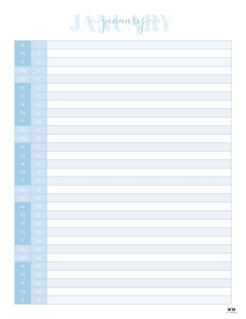 January 2025 Calendars - 107 Free Printables | Printabulls in January 2025 Hourly Calendar Printable