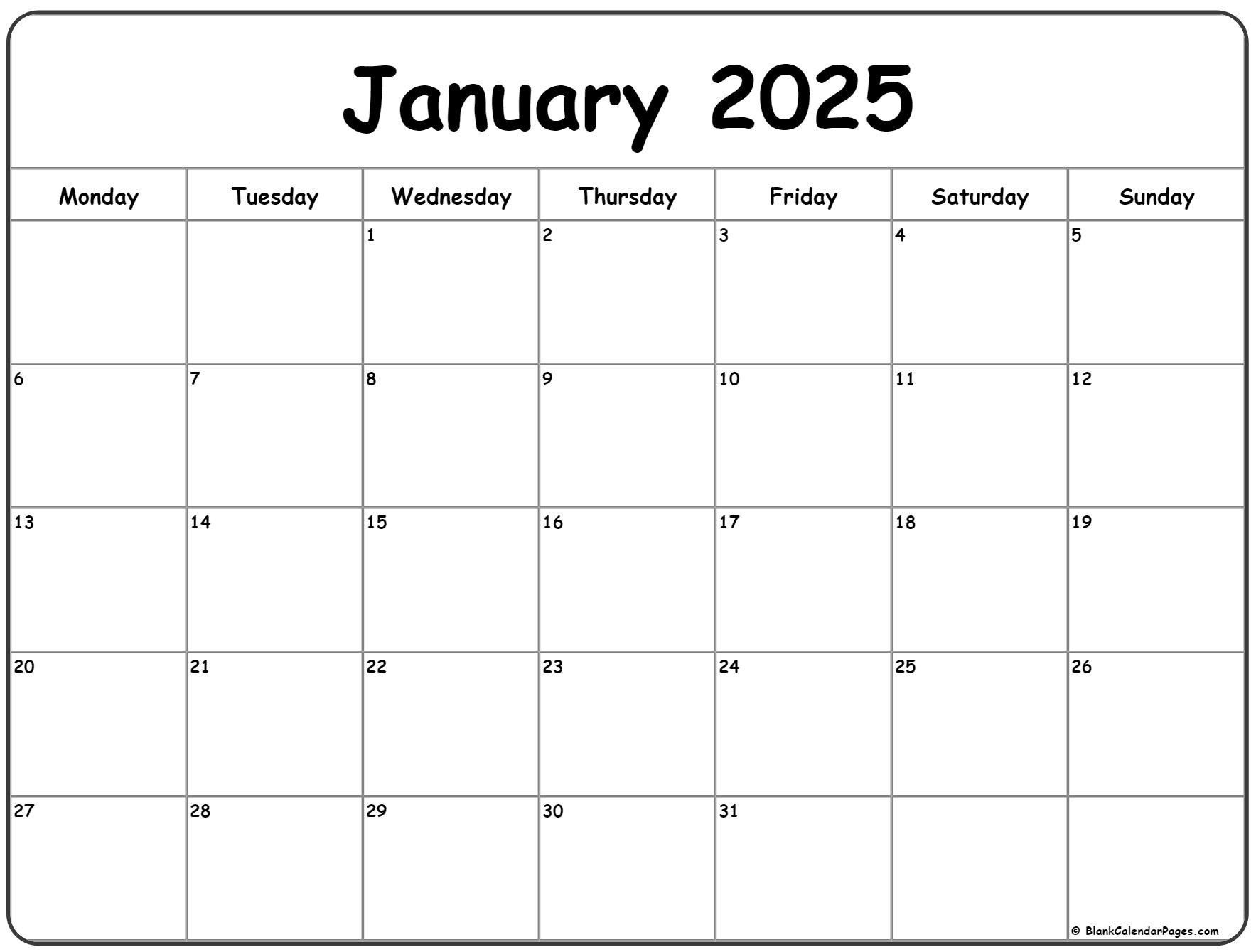 January 2025 Monday Calendar | Monday To Sunday inside January 2025 Calendar Printable Monday Start