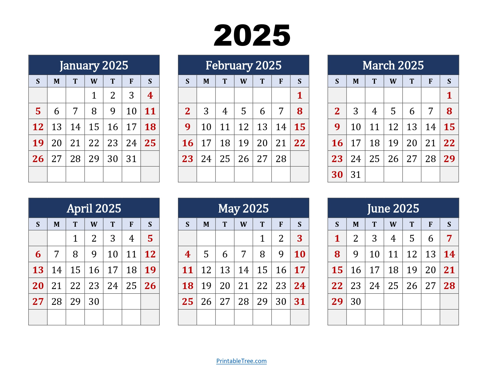 January To June 2025 Calendar Printable Pdf | Si Months Calendar for January June 2025 Calendar Printable