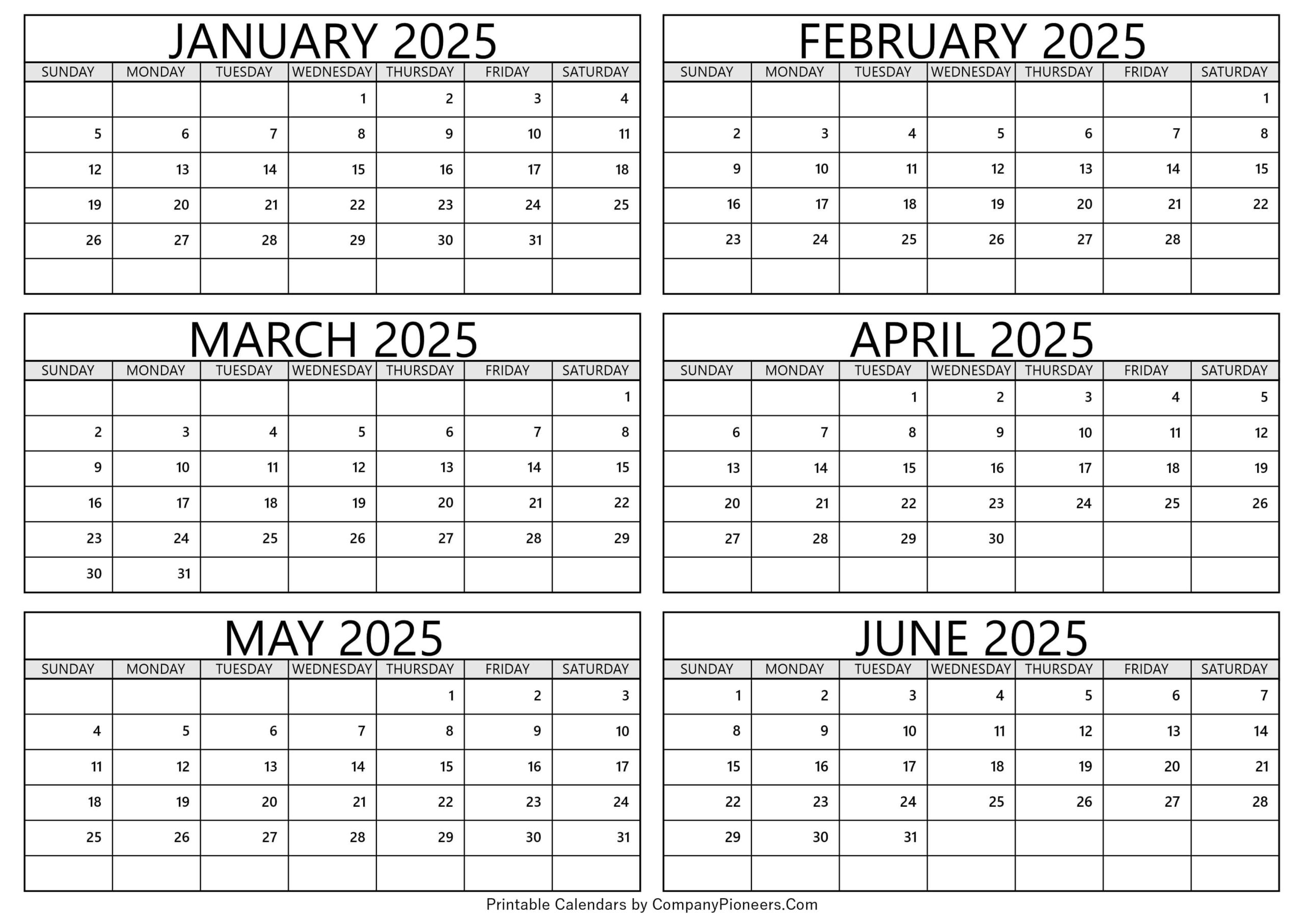 January To June 2025 Calendar Printable - Template regarding January To June 2025 Calendar Printable