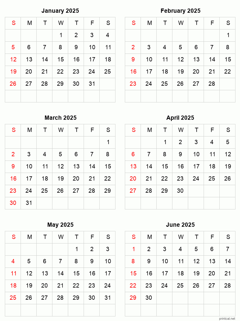 January To June 2025 Printable Calendar | Six Months Per Page throughout January To June 2025 Calendar Printable