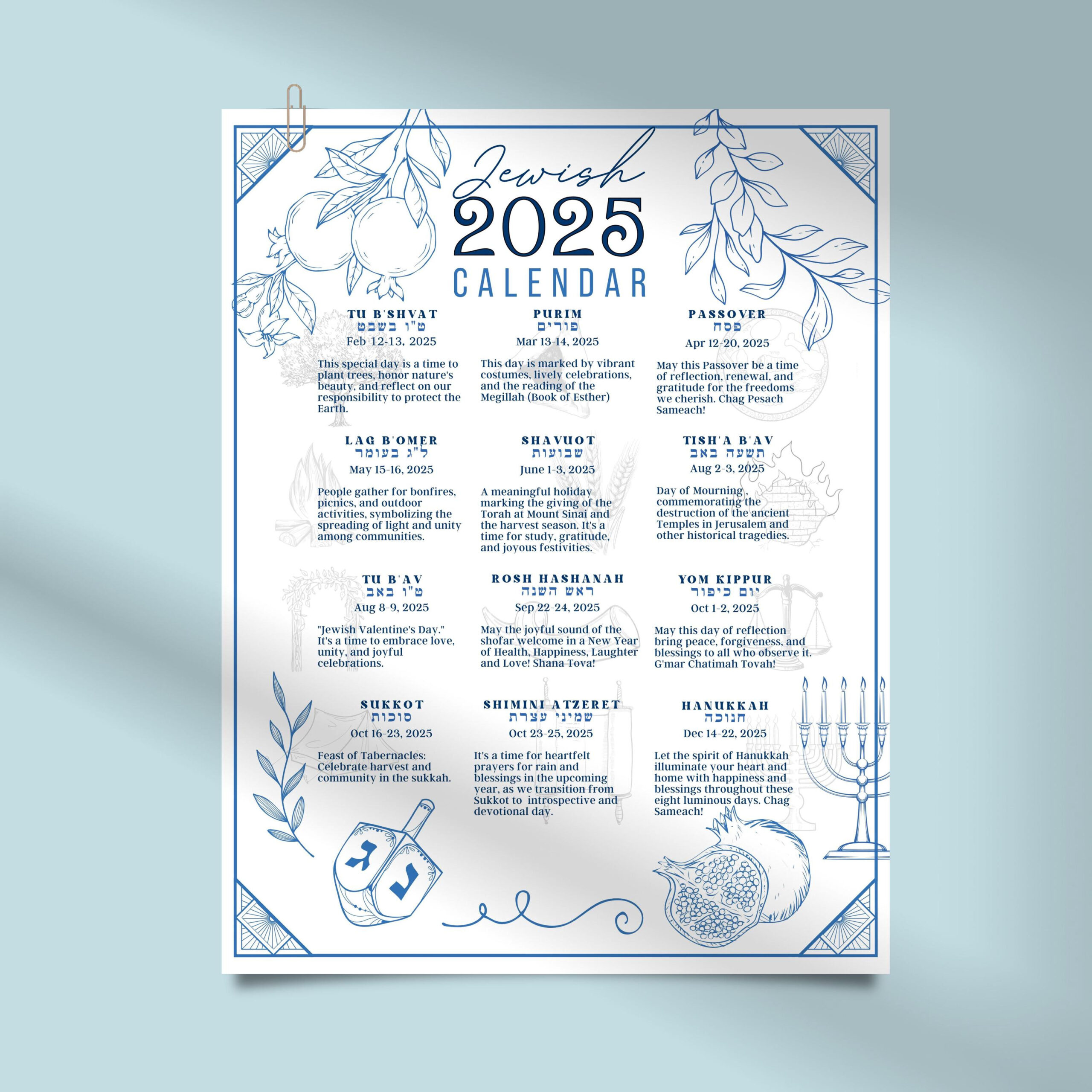 Jewish Calendar 2025 Poster Jewish Gift New Year 5785 Rosh inside Jewish Calendar 2025 With Holidays Printable