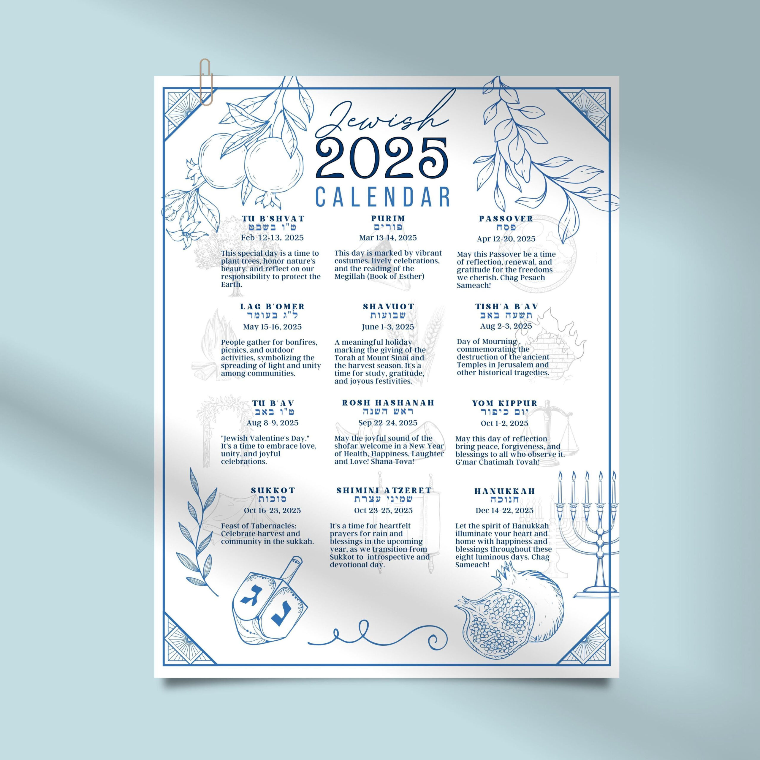 Jewish Calendar 2025 Poster Jewish Gift New Year 5785 Rosh regarding Jewish Holidays 2025 Calendar Printable