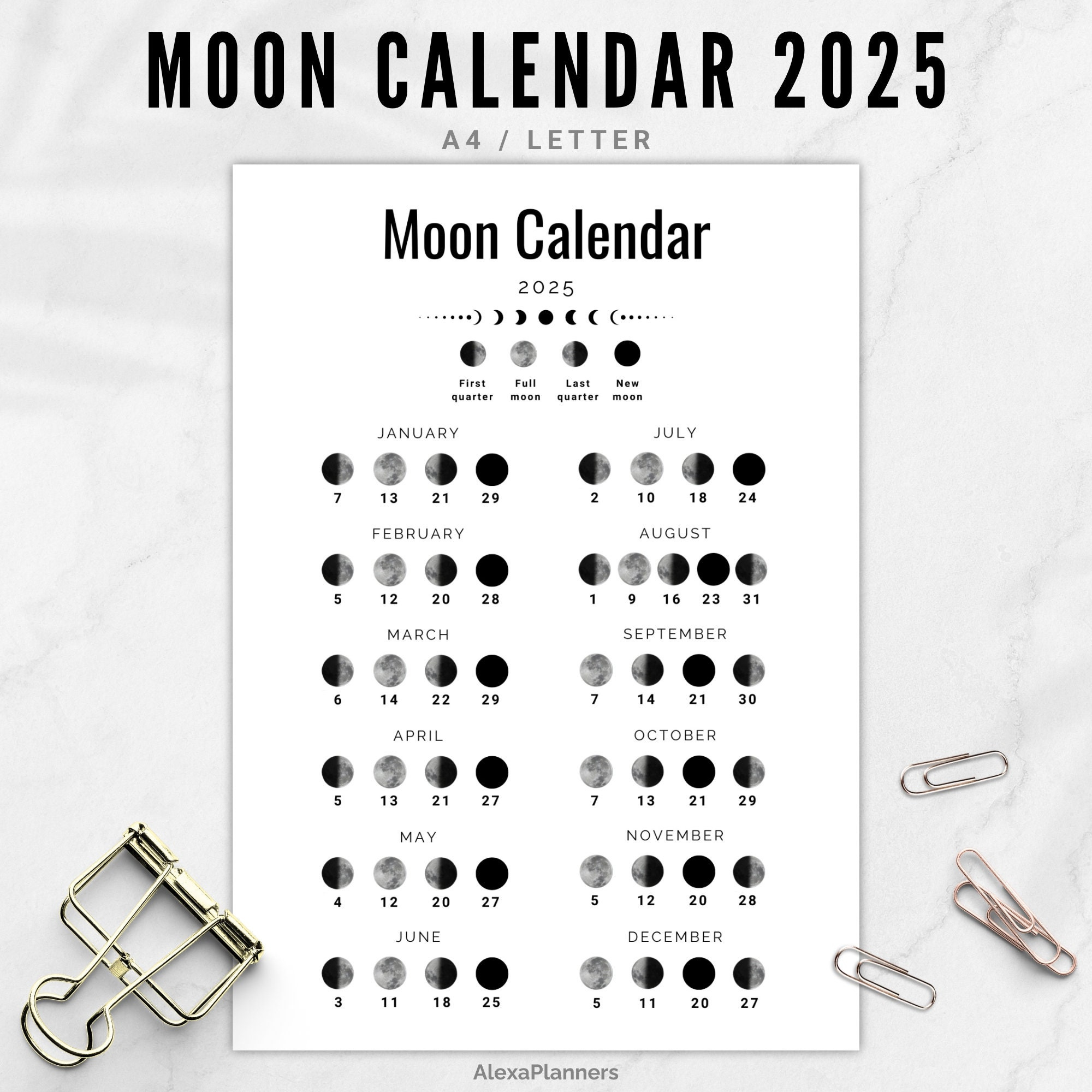 Moon Phase Calendar 2025, A4 / Letter Size Lunar Calendar - Etsy in 2025 Full Moon Calendar Printable