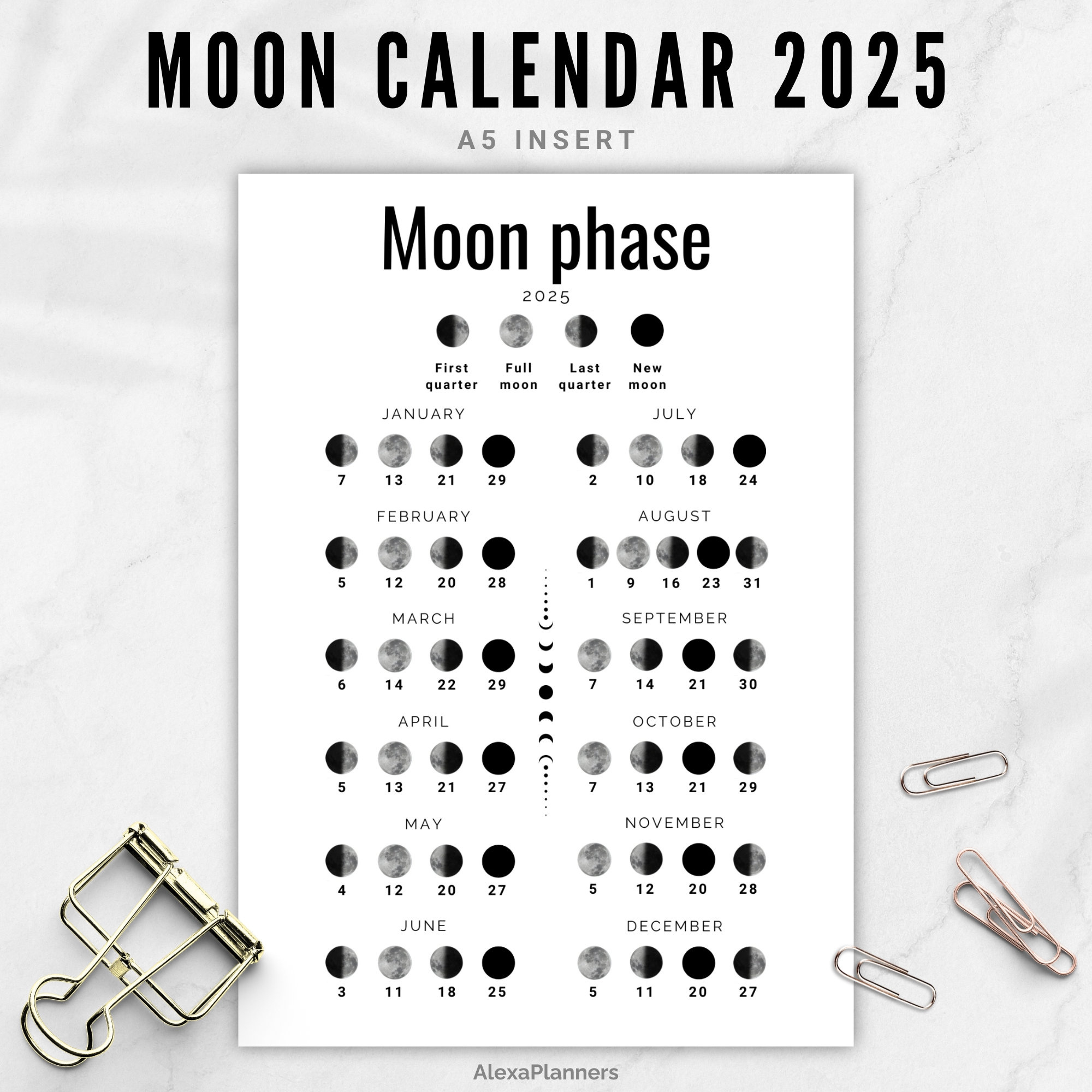 Moon Phase Calendar 2025, Lunar Calendar, A5 Planner Inserts - Etsy within 2025 Full Moon Calendar Printable