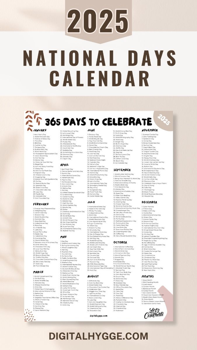 National Days And Holidays 2025 Printable Pdf with National Day Calendar 2025 Printable Free