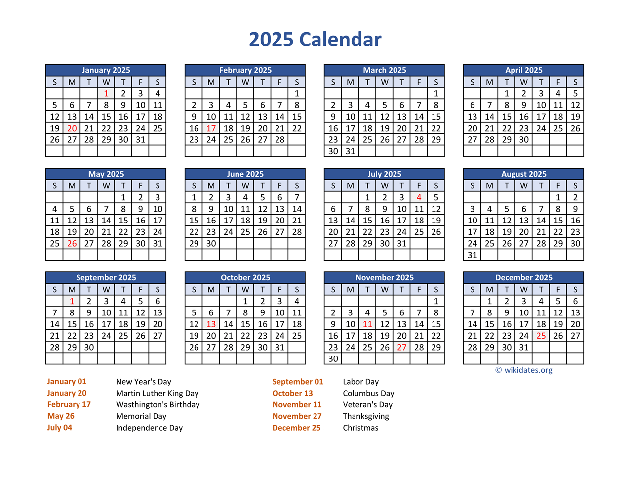 Pdf Calendar 2025 With Federal Holidays | Wikidates for 2025 Calendar Printable With Federal Holidays