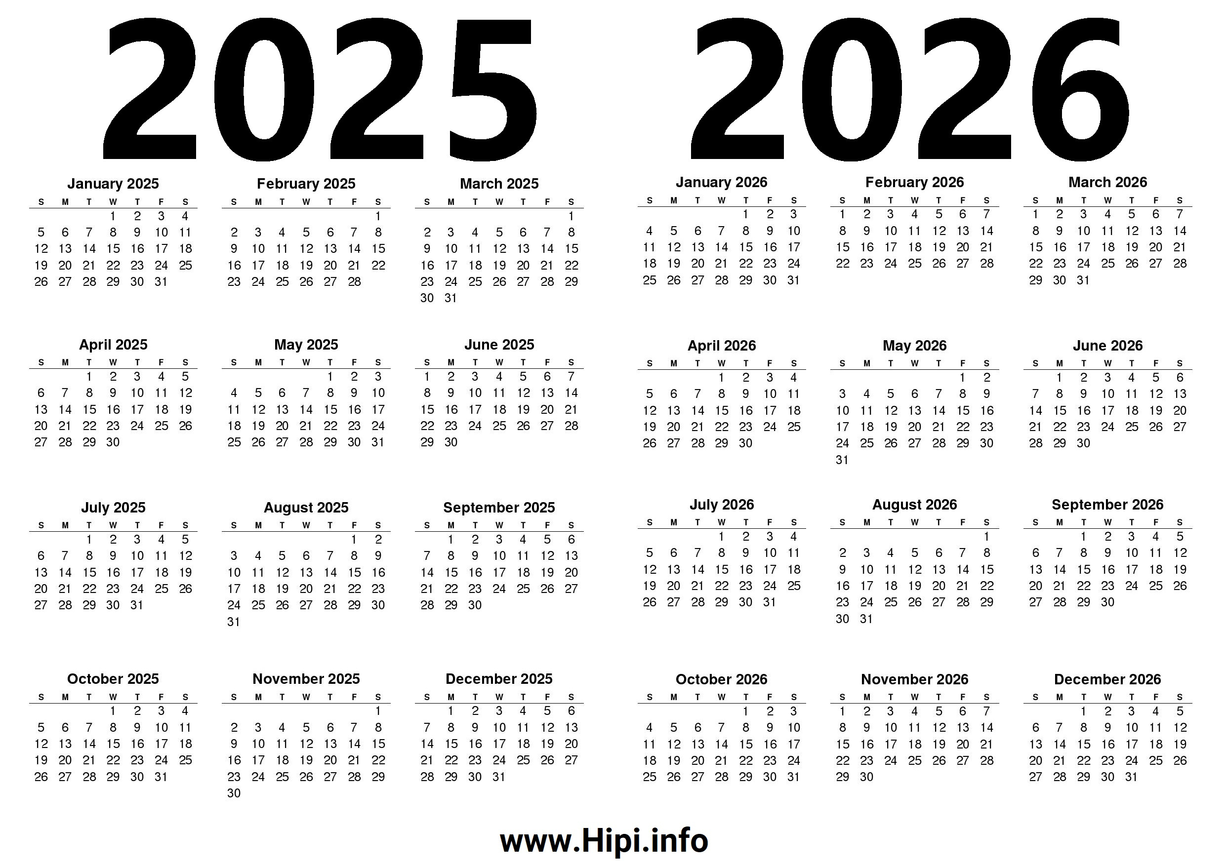 Printable 2025 And 2026 Calendar Two Years - Hipi | in 2025 Calendar 2026 Printable Free Download