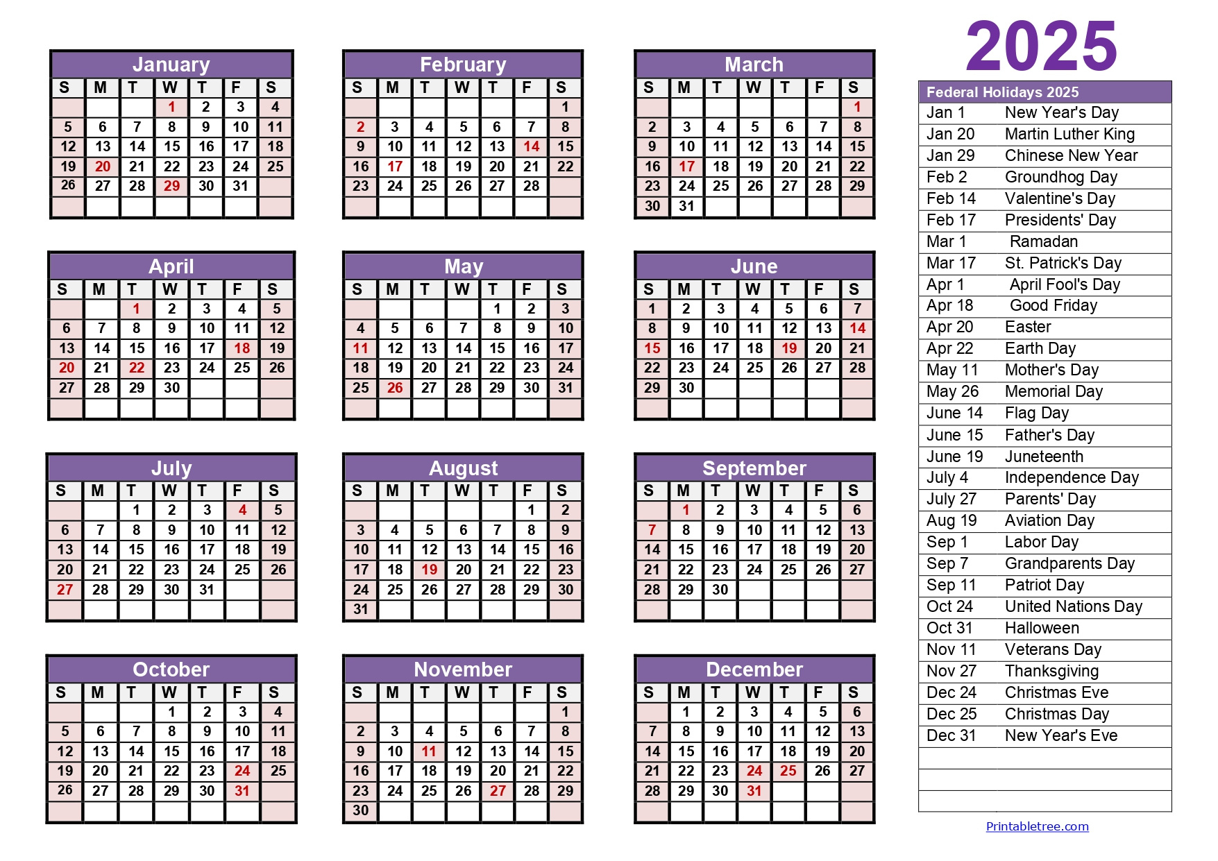 Printable Calendar 2025 One Page With Holidays (Single Page) 2025 for Jewish Calendar 2025 With Holidays Printable