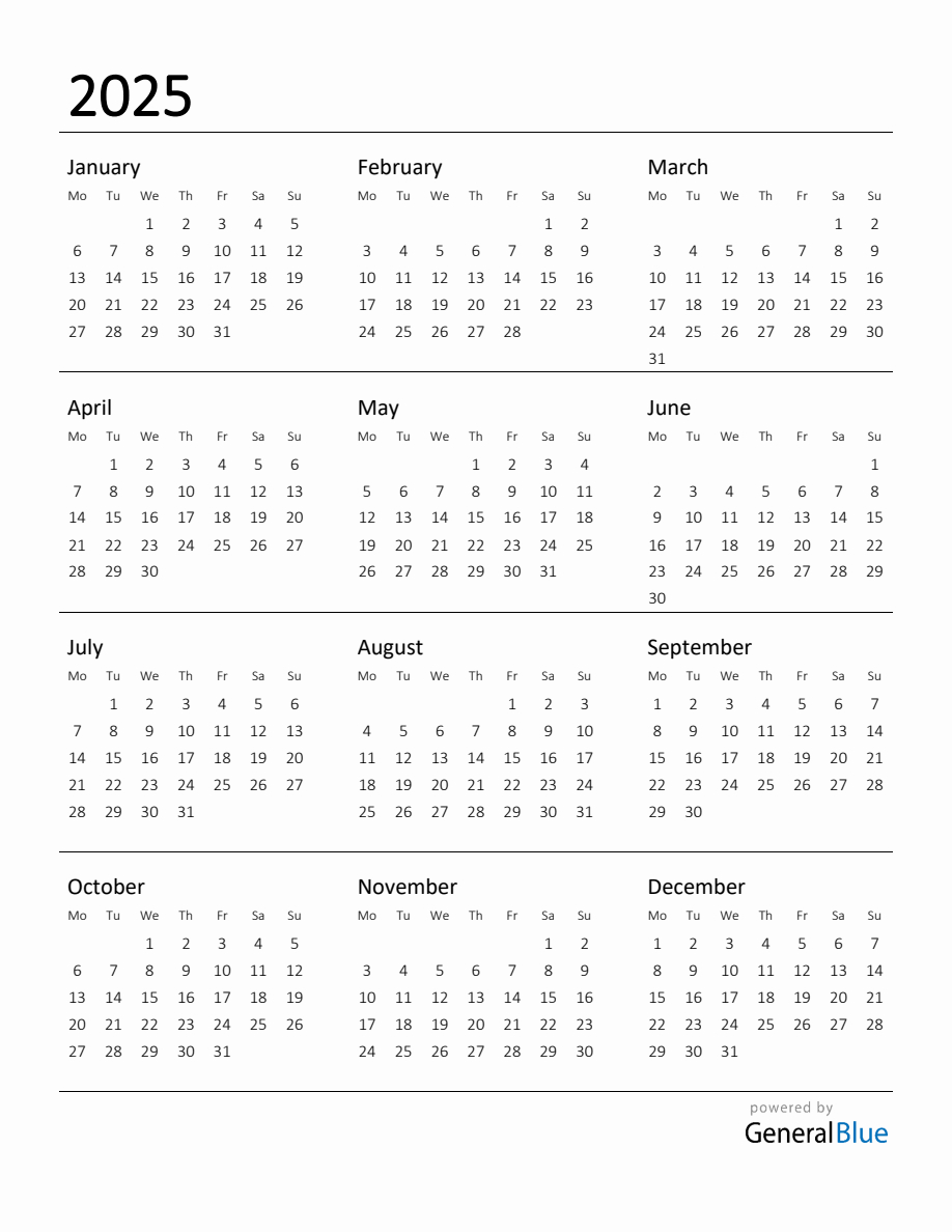 Printable Calendar For 2025 with 2025 Annual Calendar Printable Free