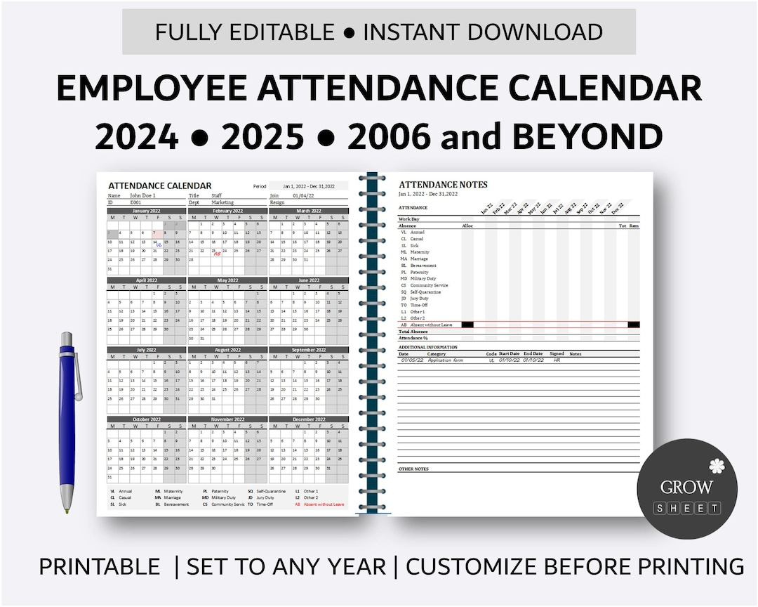 Printable Employee Attendance Calendar Custom Attendance Calendar regarding 2024-2025 Attendance Calendar