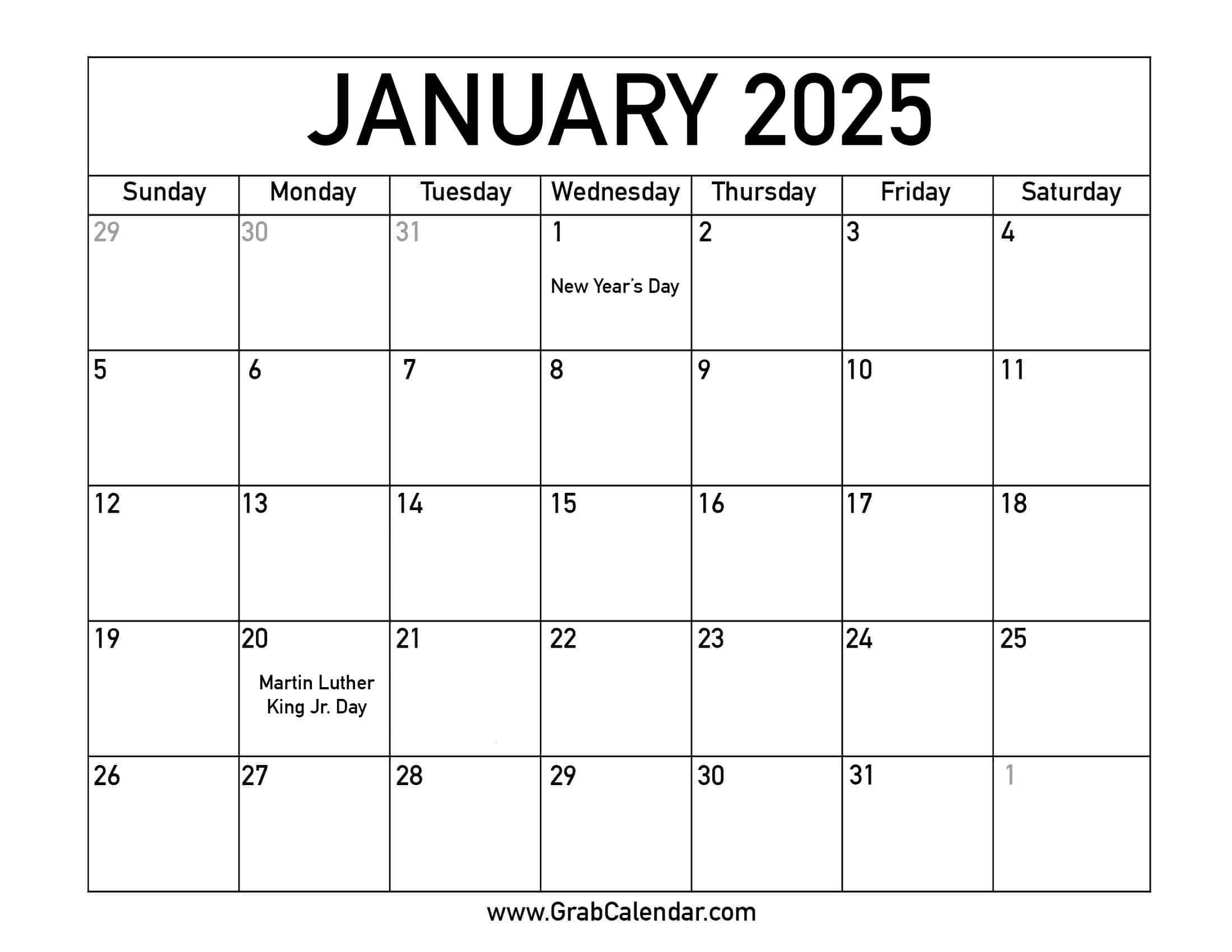 Printable January 2025 Calendar for 2025 January Calendar With Holidays Printable