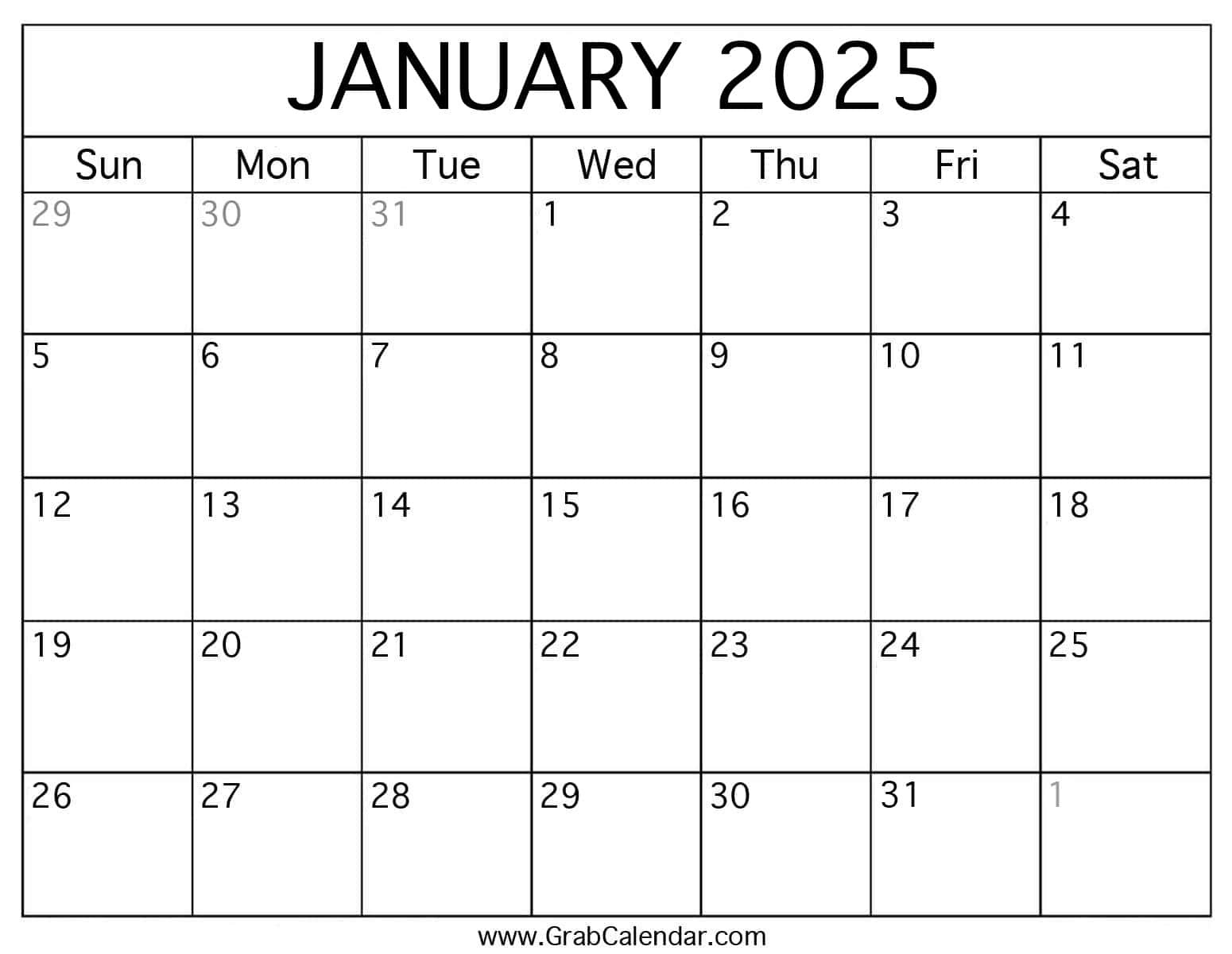 Printable January 2025 Calendar for Calendar January 2025 Printable