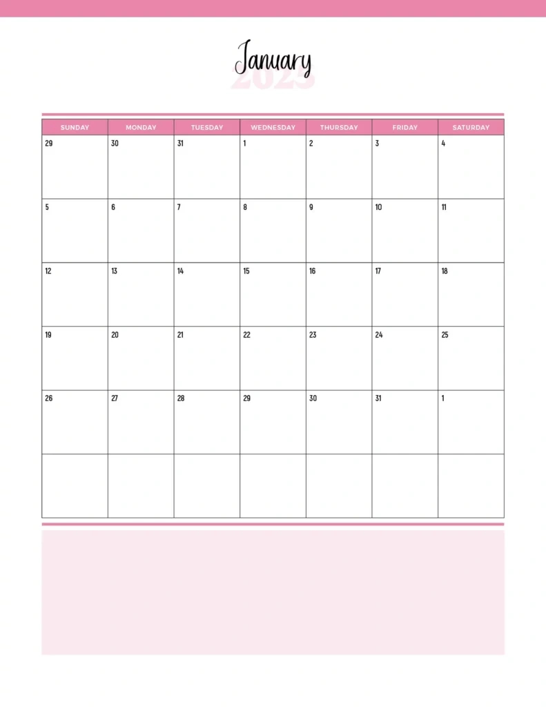 Printable January 2025 Calendars | Free Pdf Downloads for January 2025 Calendar Printable Pink