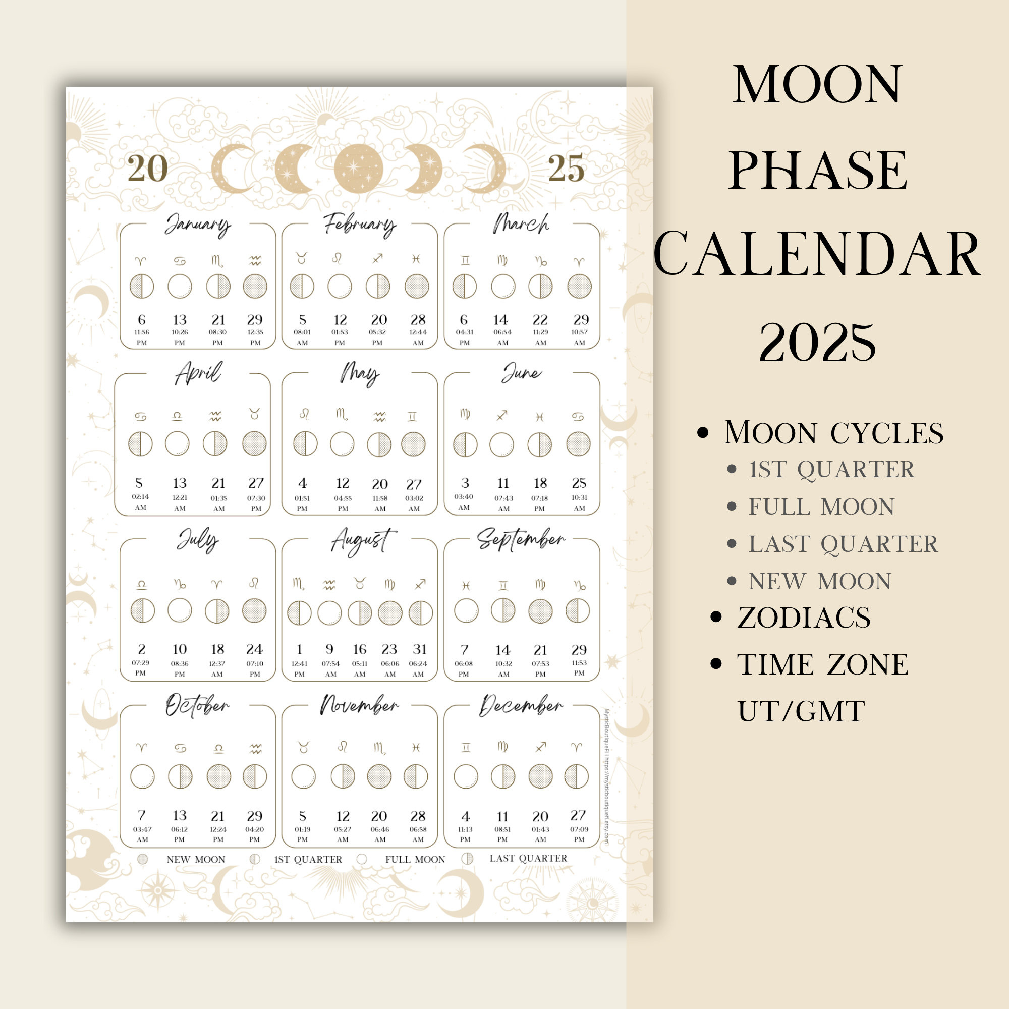 Printable Pdf Lunar Calendar, Moon Phase Calendar 2025 - Etsy pertaining to 2025 Full Moon Calendar Printable