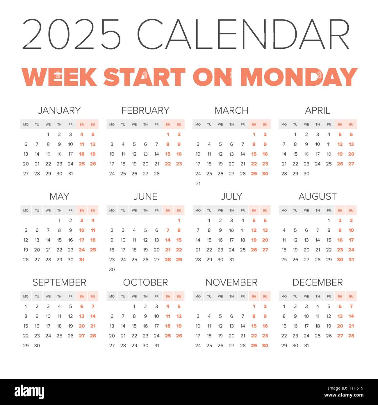 Simple 2025 Year Calendar, Week Starts On Monday Stock Vector intended for 2025 Calendar Printable Monday Start