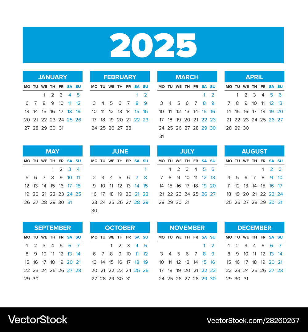 Simple Calendar 2025 Weeks Start On Monday Vector Image pertaining to 2025 Calendar Printable Monday Start