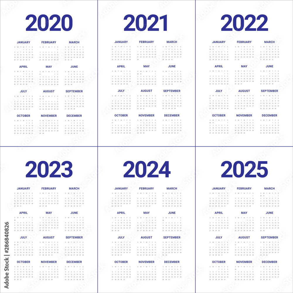 Year 2020 2021 2022 2023 2024 2025 Calendar Vector Design Template intended for 5 Year Calendar 2021 To 2025 Printable