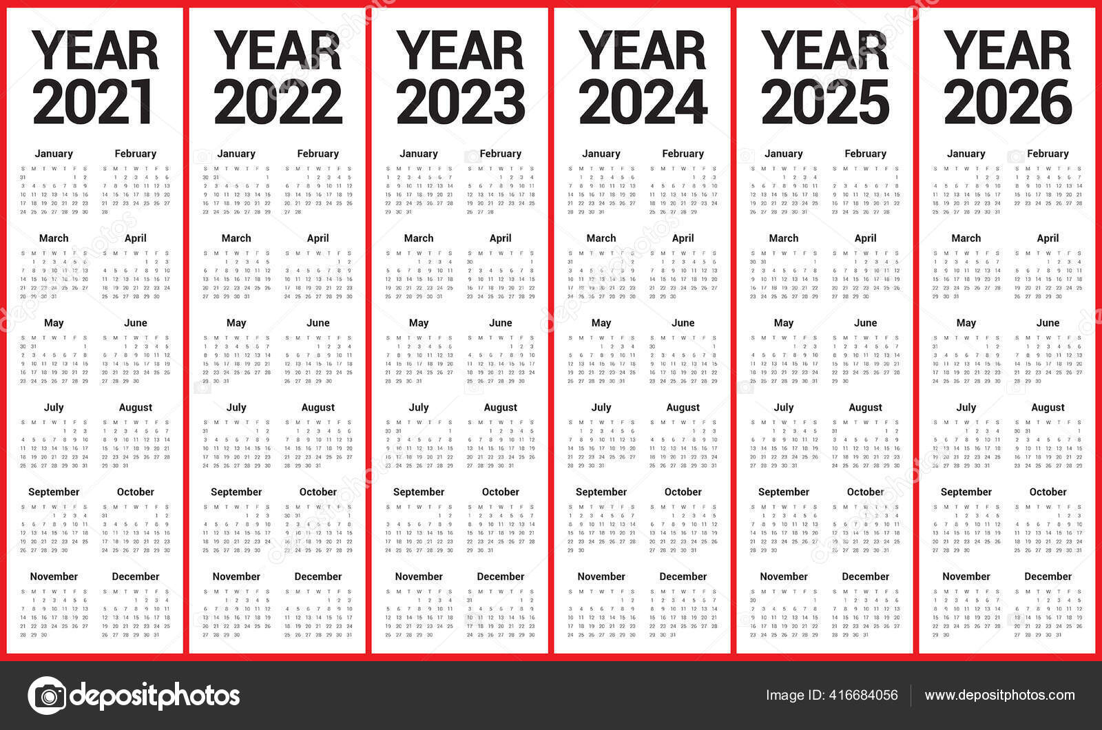 Year 2021 2022 2023 2024 2025 2026 Calendar Vector Design Stock regarding 5 Year Calendar 2021 To 2025 Printable