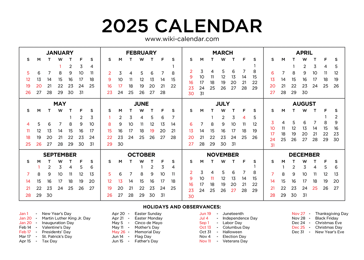 Year 2025 Calendar Printable With Holidays - Wiki Calendar in Wiki Calendar 2025 Printable Free