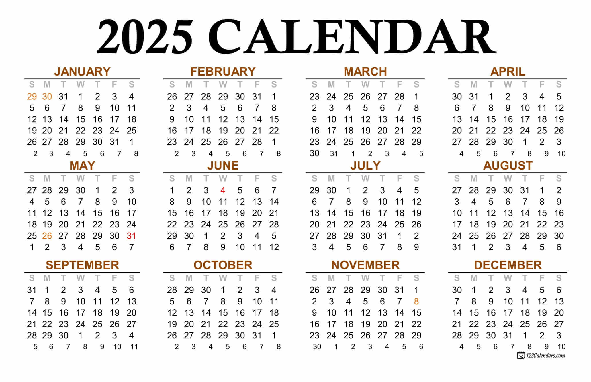 Year 2025 Calendar Templates | 123Calendars for Year Calendar 2025 Printable