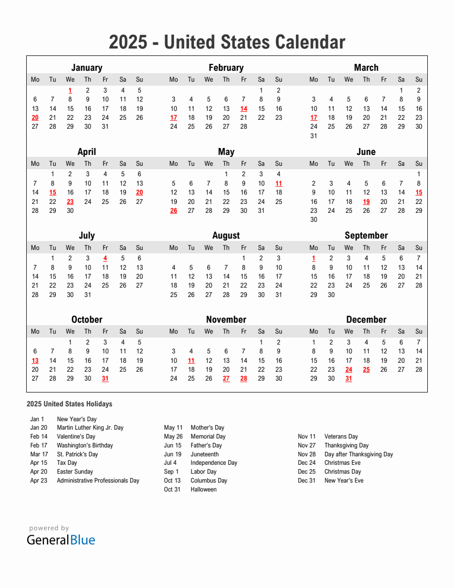 Year 2025 Simple Calendar With Holidays In United States for Printable Calendar For Year 2025 United States