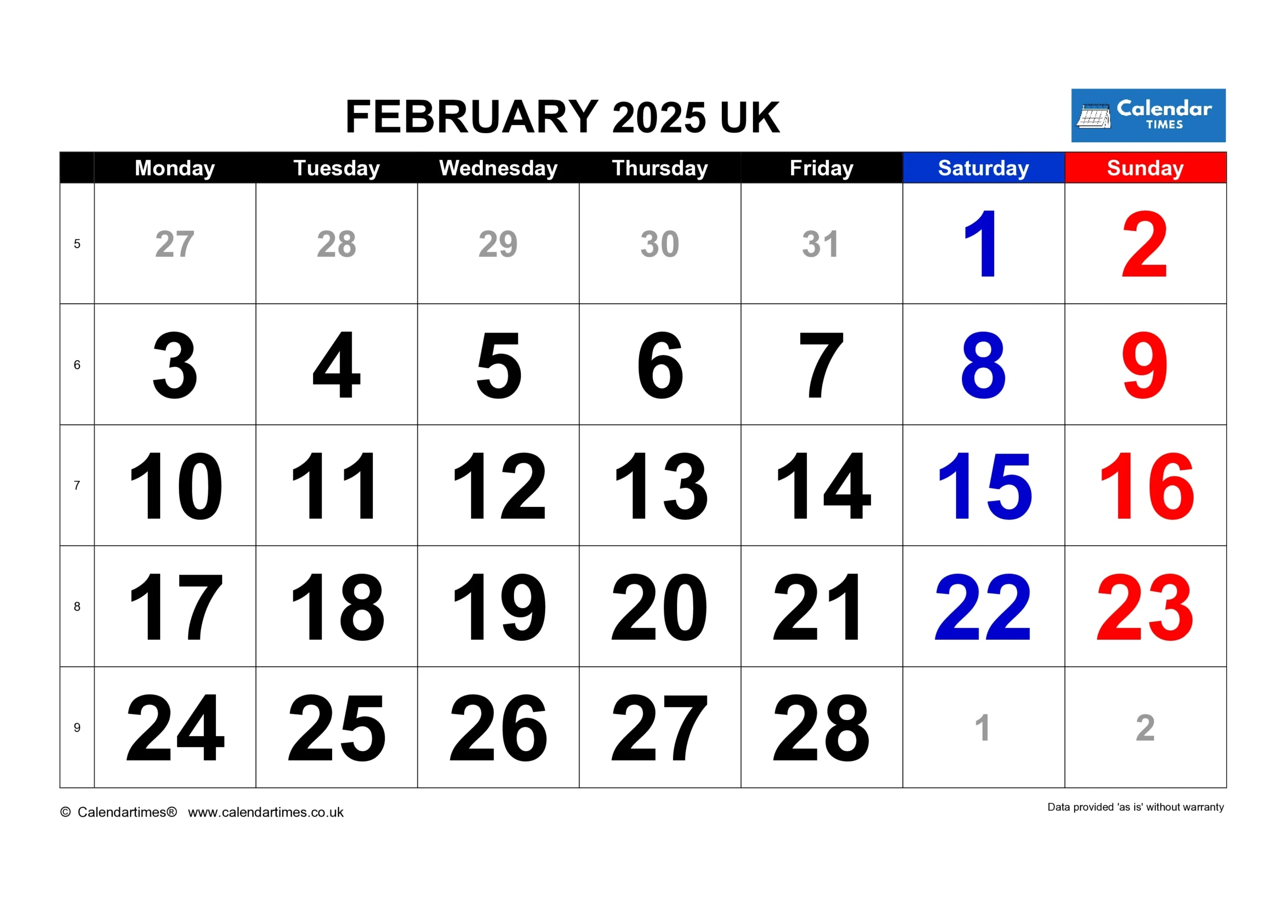 2025 Calendar - Calendar Times inside Month Of February Printable Calendar 2025