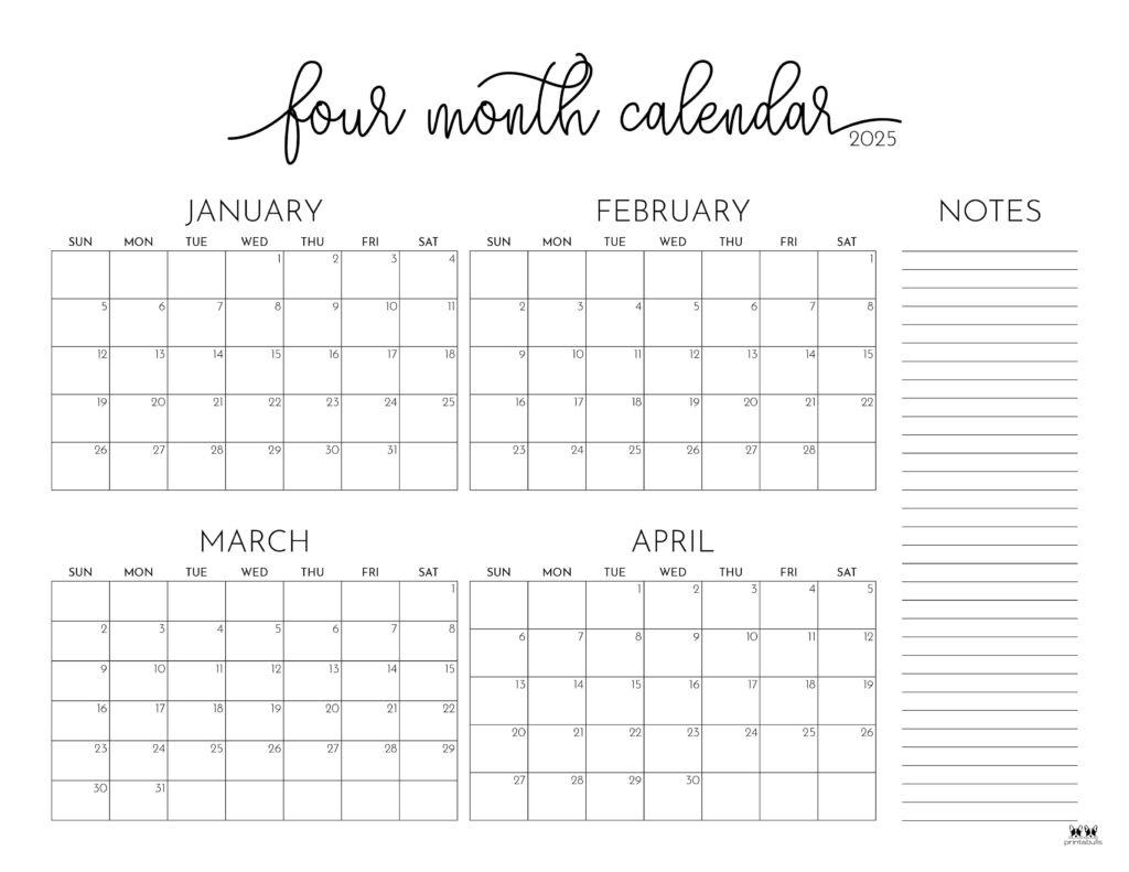 2025 Four Month Calendars - 31 Free Printables | Printabulls regarding Feb March April 2025 Calendar Printable