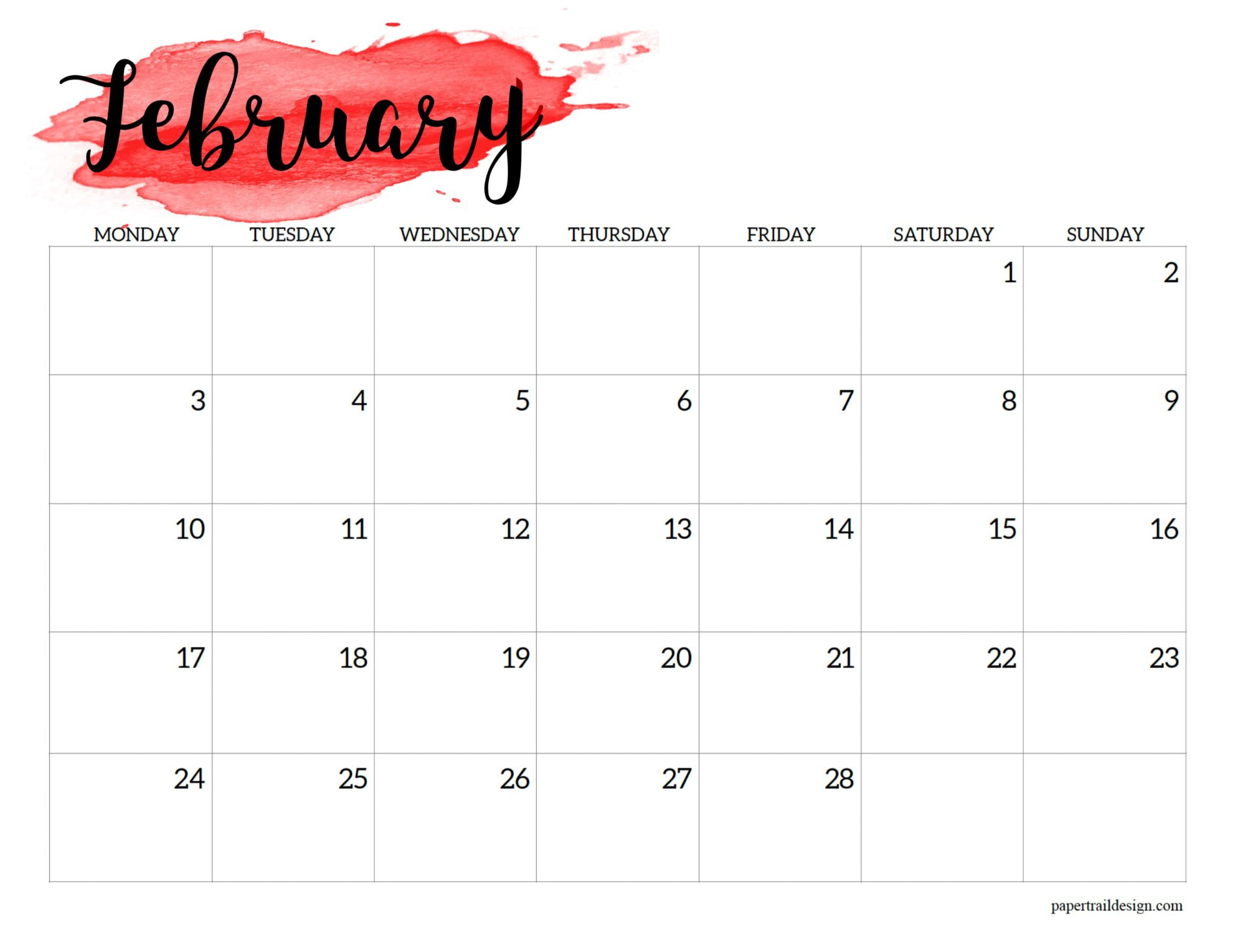 2025 Monday Start Calendar Printable - Watercolor - Paper Trail Design throughout February 2025 Calendar Monday Start