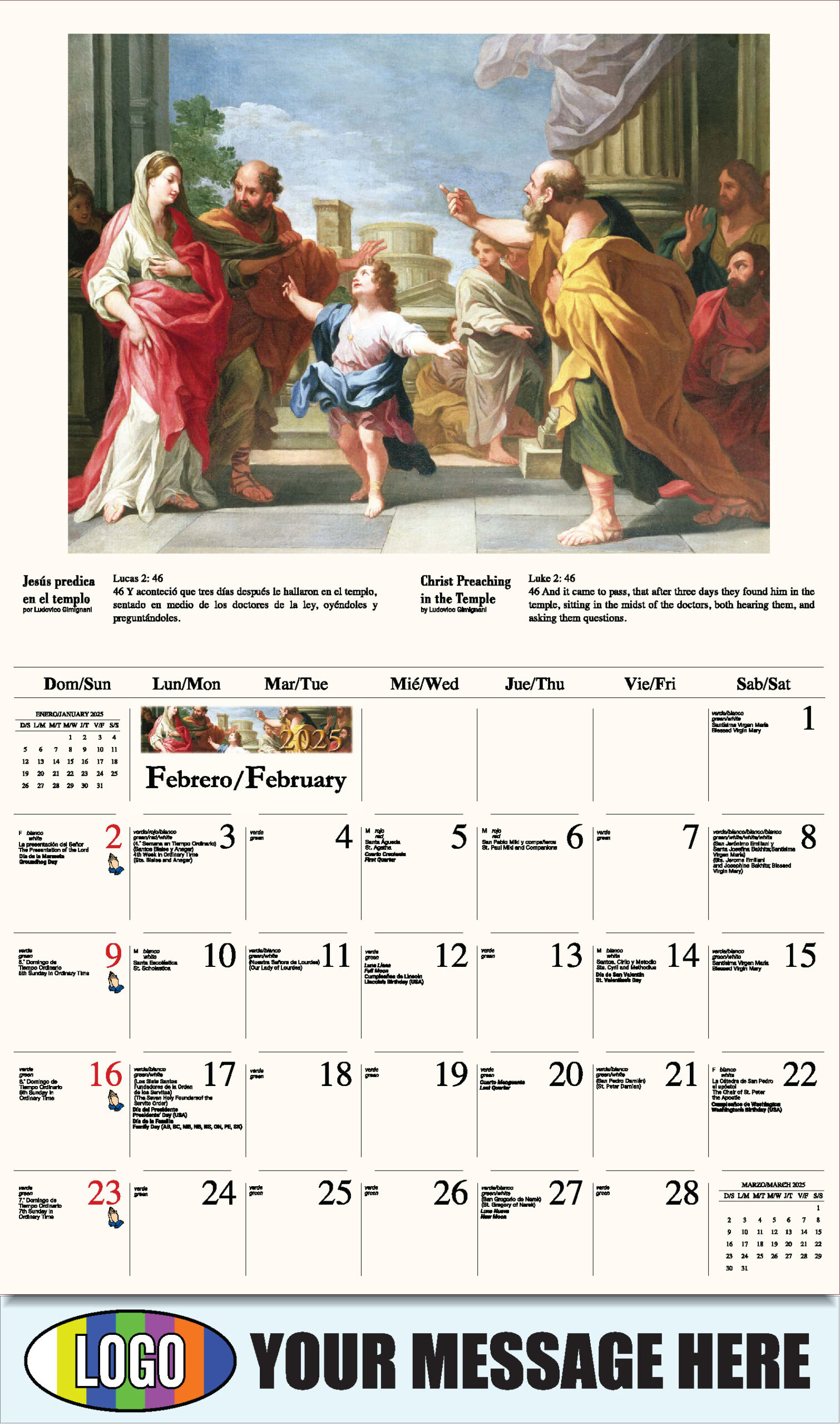 Catholic Inspiration (Spanish-English Bilingual) for Catholic Calendar February 2025