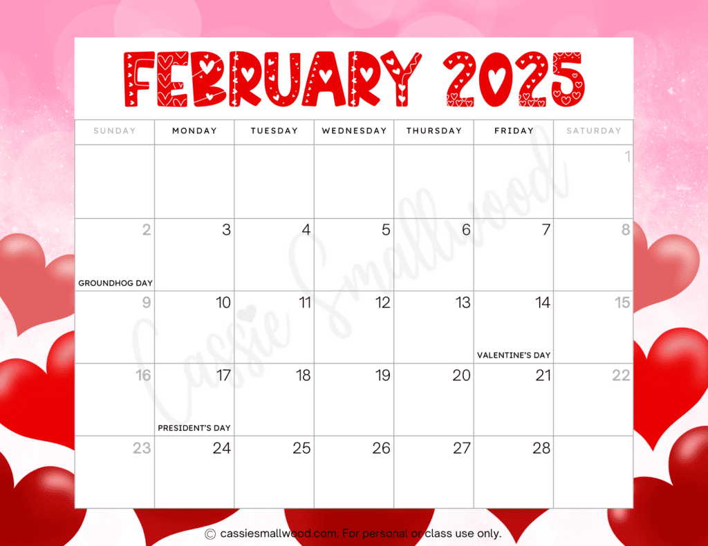 Cute 2025 Free Printable Monthly Calendars - Cassie Smallwood for February 2025 Printable Calendar With Holidays